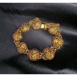 Vintage Damascene Gold & Black Floral Round Link Bracelet With Secure Clasp